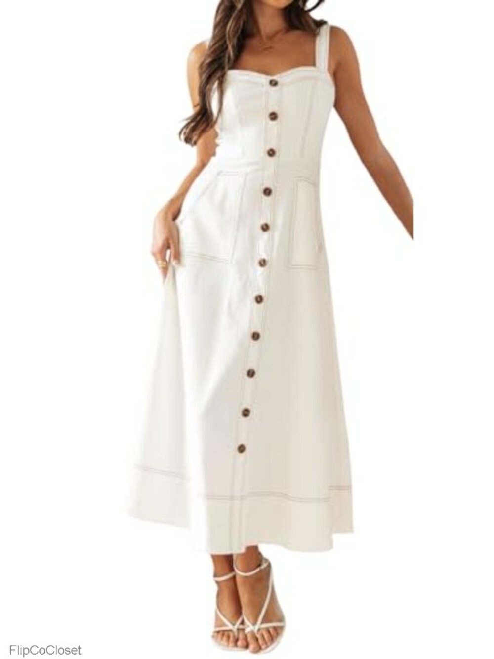 Women's Adjustable Strap Denim Midi Dress Button Down A-Line Swing Cotton Blend